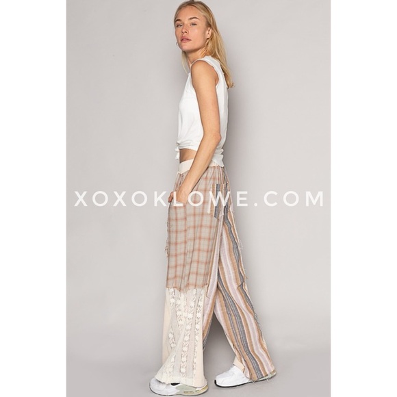 POL Cream Tan Plaid + Stripes Lace Leg Drawstring Pants - Picture 11 of 15